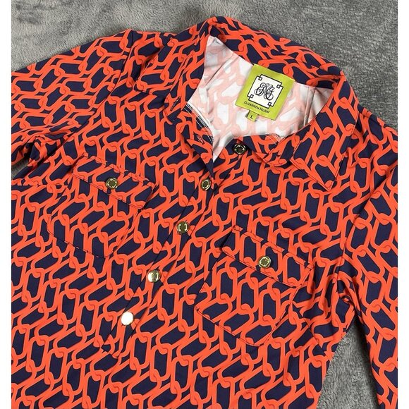 Elizabeth McKay Tops - Elizabeth McKay Pull Over Red Blue Top Size L Gold Tone Buttons 3/4 Sleeve